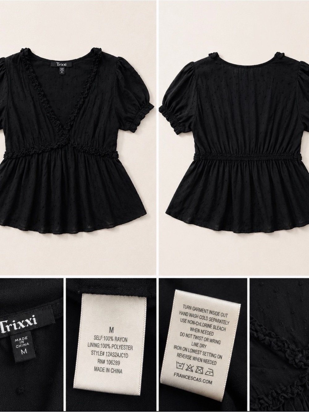 Francesca’s Trixxi Black V-Neck Ruffle Peplum Top Size Medium